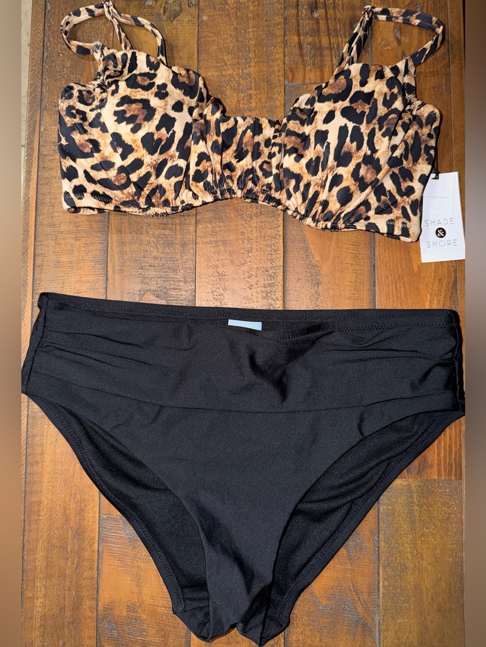 Shade & Shore Leopard Print Underwire Bikini Top with Black High-Waist Bottoms